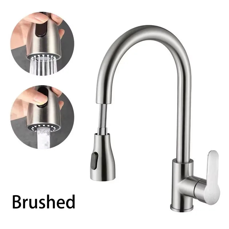 Old Style Pull-out Rotating Kitchen Faucet, 360° Swivel Stainless Steel Water Faucet in Brushed/Black Finish for Sink