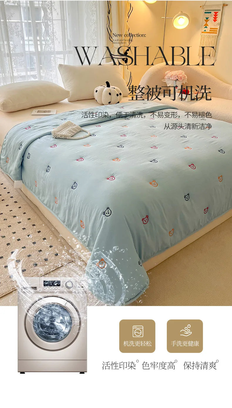 2025 New Embroidered, washed cotton, summer quilt, air-conditioned, skin friendly, breathable, machine washable bedding