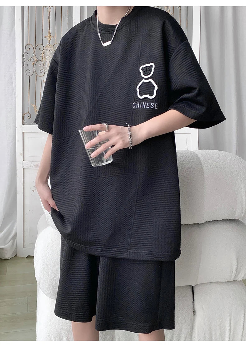 Casual Sportswear Set for Men Summer Short Sleeve Five-Quarter Pants Polyester Fiber Big Size Two-Piece Suit T-Shirt Shorts