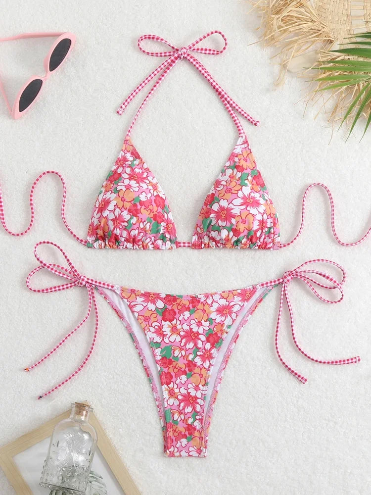 Bikini Women Swimsuit 2026 New Print Halter Bikinis Set Sexy Thong Swimwear Summer Two Piece Backless Beach Bathing Suit Female