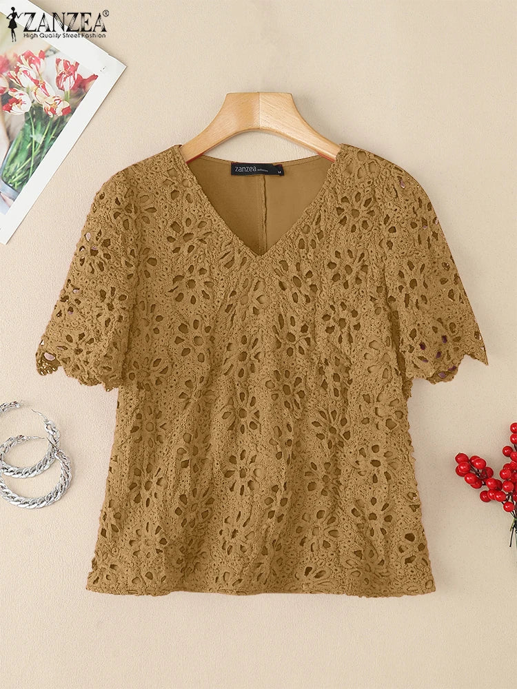 ZANZEA Summer Embroidered Openwork Blouses Women V-Neck Short Sleeve Hollow Out Lace Blusas Mujer Casual Fashion Solid Chemises