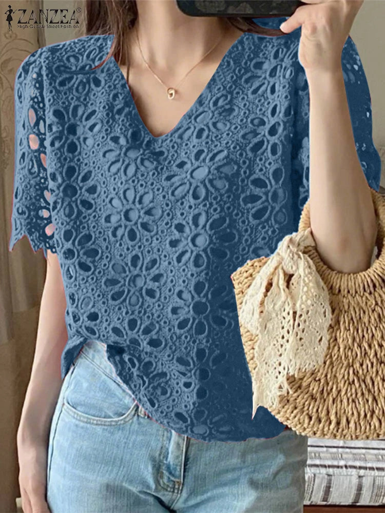 ZANZEA Summer Embroidered Openwork Blouses Women V-Neck Short Sleeve Hollow Out Lace Blusas Mujer Casual Fashion Solid Chemises