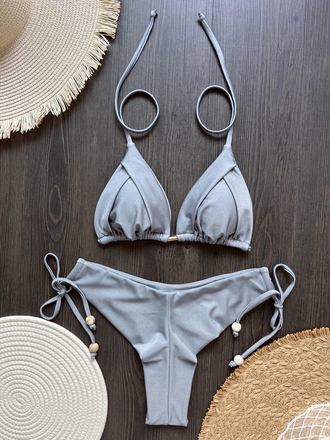 Solid color bikini set 2026 women's new swimsuit 2-piece set bead neck hanging bikinis summer beach Swimwear