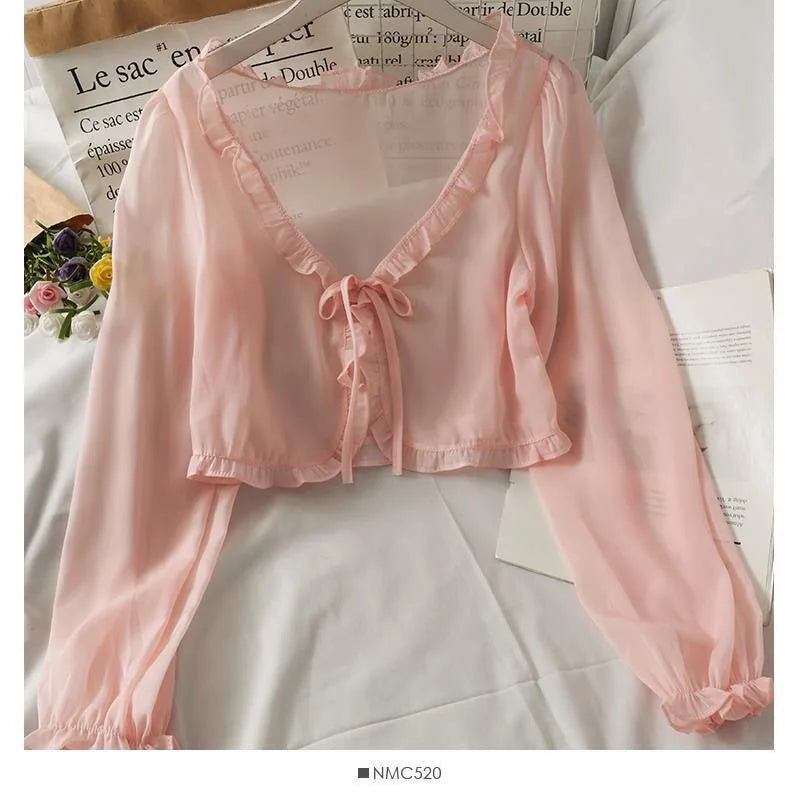 Summer Ruffled Shawl Solid Color Chiffon Women's Long Sleeve Thin Y2K Coat Cape Bolero Summer Wear Cloak Shrug  For Vacation
