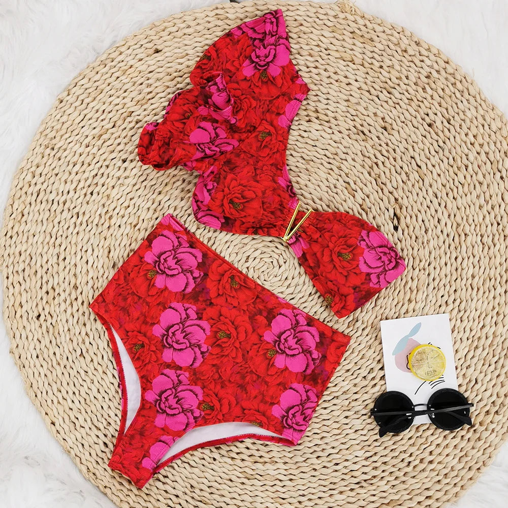 2026 Sexy Bikini Set Women High Waist Classic Off Solid Ruffle Sleeves Swimwear Red Separate Deep V Swimsuit Vintage Beach Set