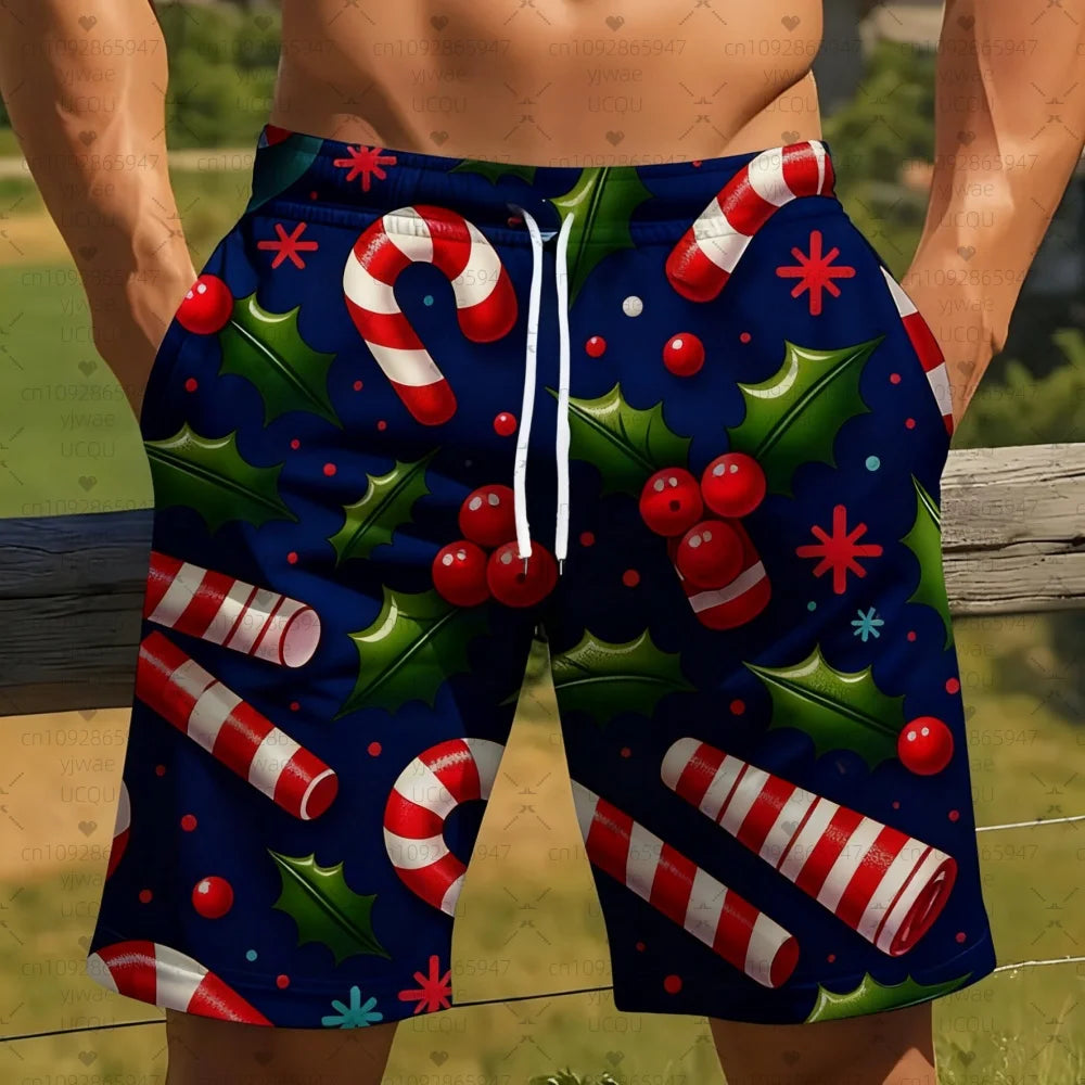 2025 new Men's Board Shorts Christmas candy cane holly Trunks Drawstring Elastic Quick Dry Hawaiian Beach Shorts men clothing