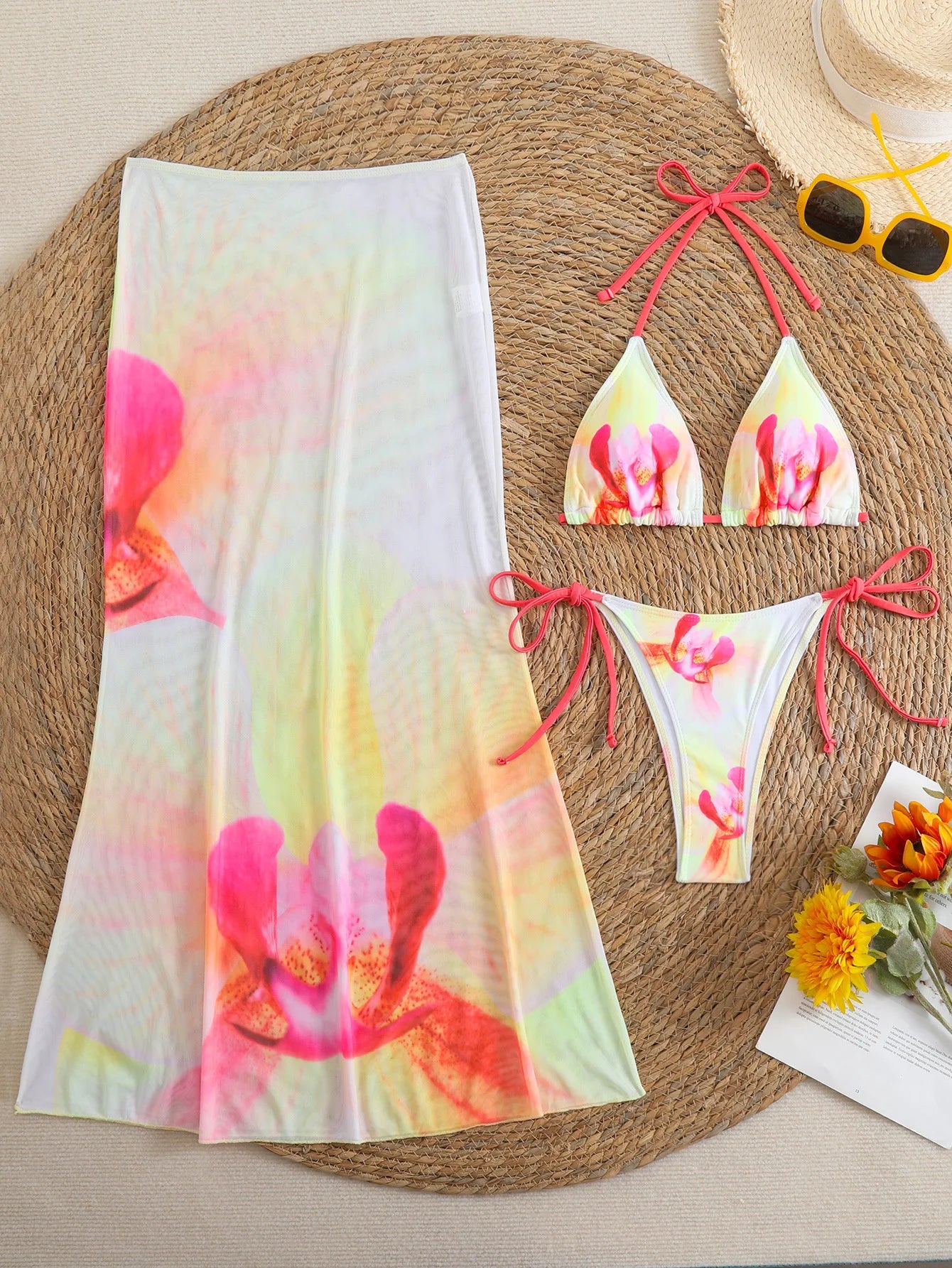 2026 New Flower Print Bikini Set Women's High Waist Long Skirt 3 Piece Swimsuit Sexy Mini Triangle Backless Thong Bathing Suit