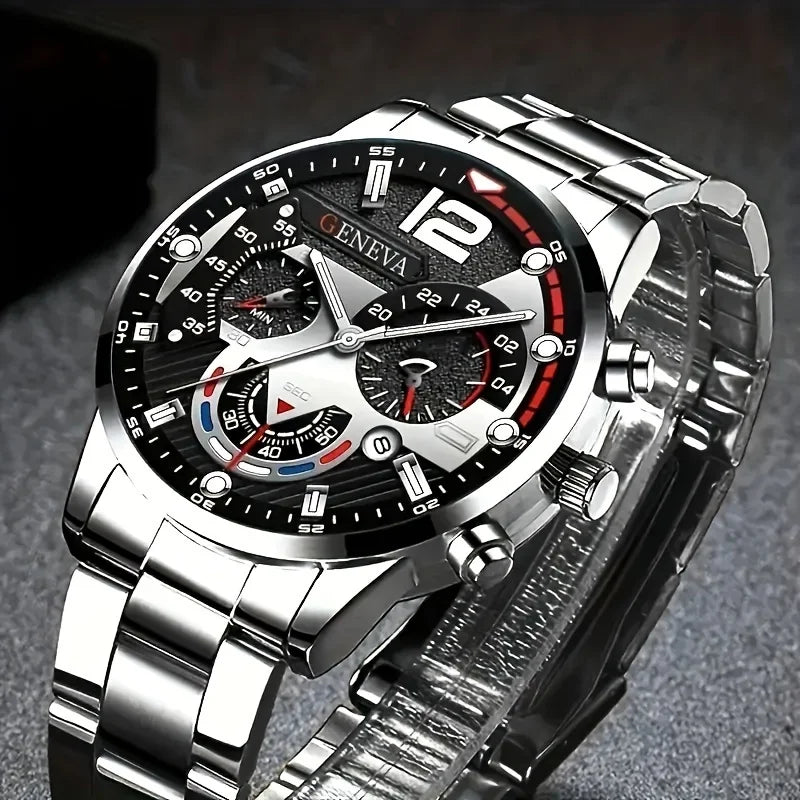 4-piece men's fashion watch set, quartz sport, round zinc alloy case quartz watch