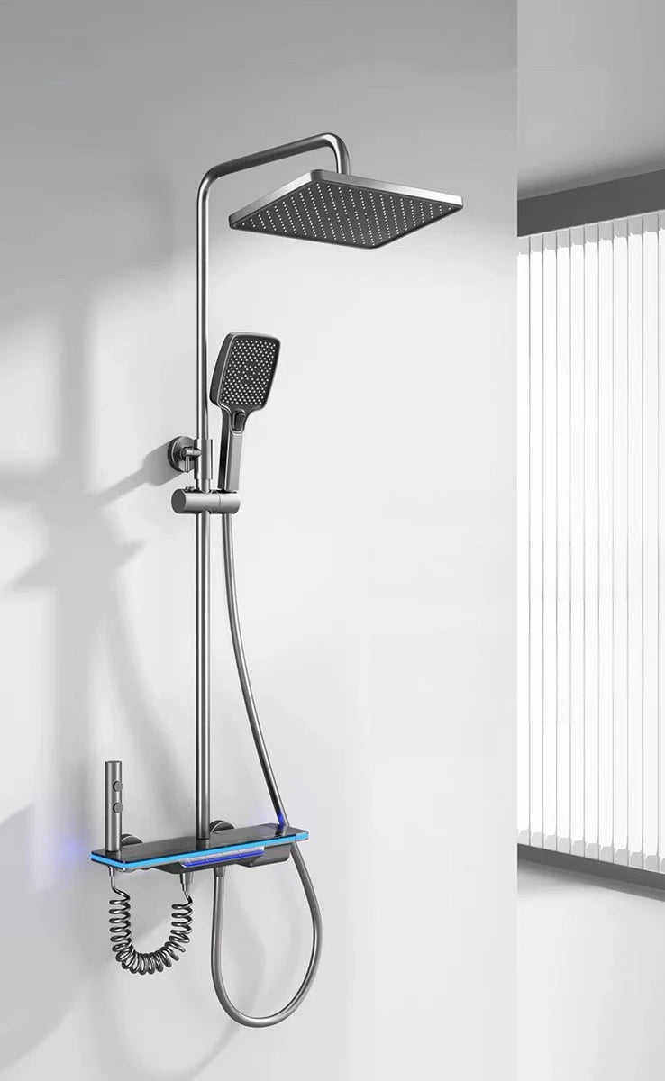 Black Shower Set Bathroom Hot and Cold Mixer Shower Mixer LED Digital Ambient Light Bathtub Wall Mounted Grey Shower System
