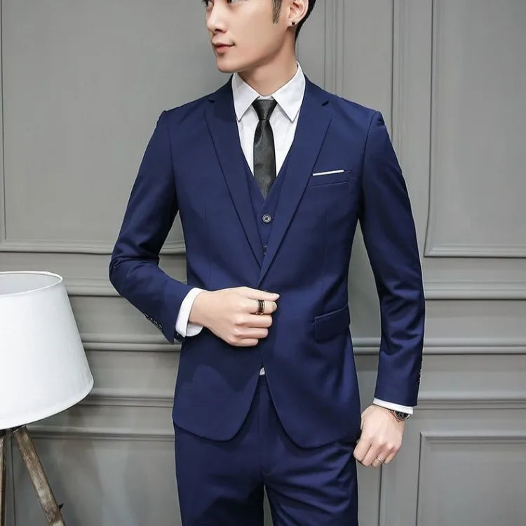 Men Suit 3 Piece Set Slim Fit Korean Style Best Man Groom Wedding Tuxedo Brother Group Formal Attire