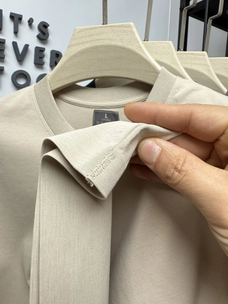 Summer solid color men's simple and luxurious embroidered round neck short sleeve T-shirt top comfort breath for daily commuting