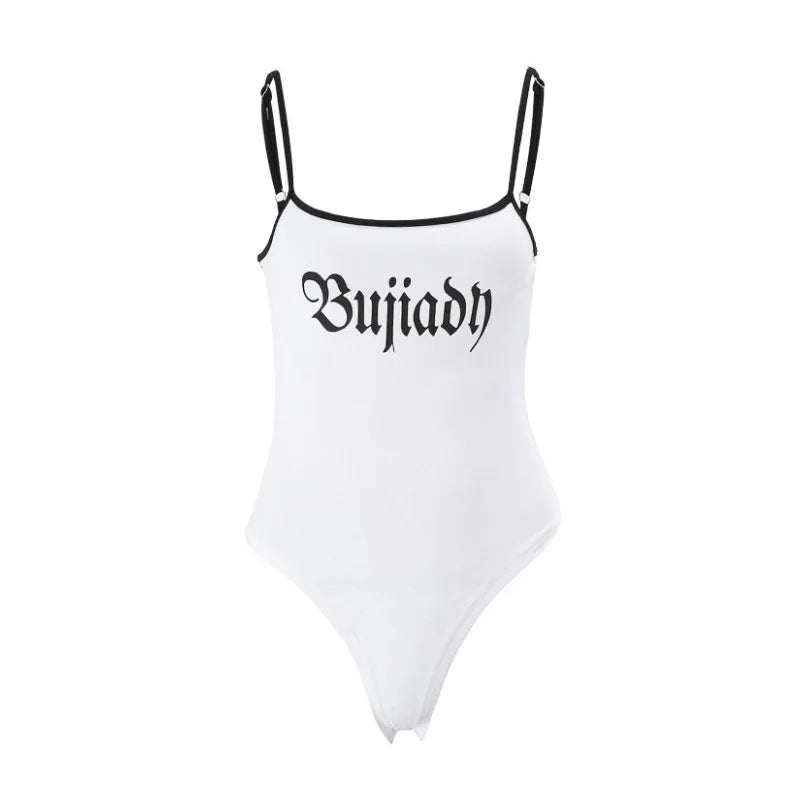 White One-Pieces Bodysuit Letter Print Lenceria Bodys Sexy Mujer Lingerie Tops Women Spaghetti Strap Body Feminino Square Collar