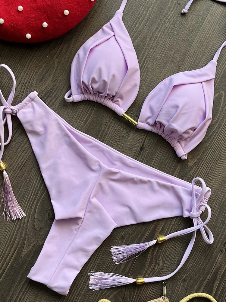 Solid color bikini set 2026 women's new swimsuit 2-piece set bead neck hanging bikinis summer beach Swimwear