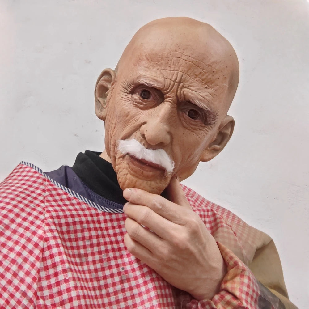Realistic Full Head Latex Mask with Beard for Men Halloween Costume Party Prop Old Man Cosplay Headgear