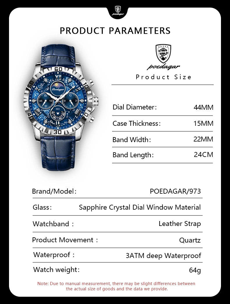 POEDAGAR Luxury Fashion Man Watch Waterproof Luminous Chronograph Leather Watches For Men Sports Outdoor Men's Quartz Wristwatch