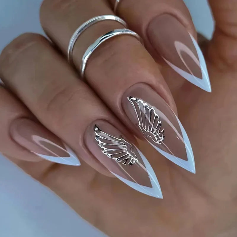 24Ps/Set Almond Slant Gold Line Lotus Pink Fake Nails Artificial Professional Material art False Nail Supplies For Professionals