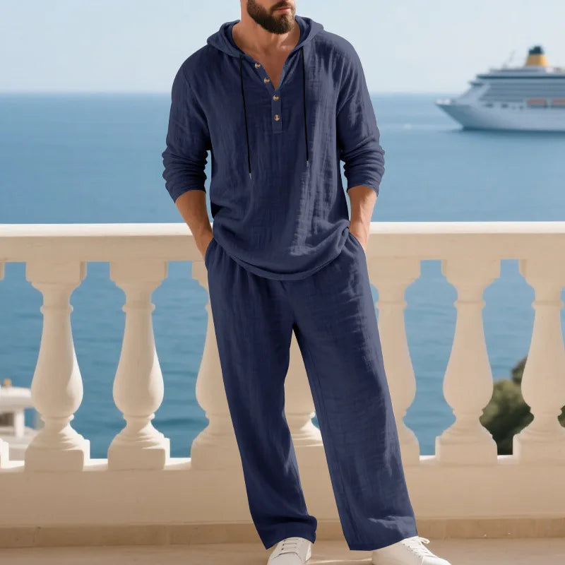 Men's Linen Hooded Sets 2 Piece Outfit Summer Casual Long Sleeve Hoodie and Wide Leg Pants Set for Men