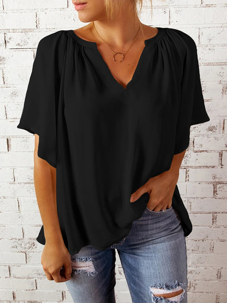 Summer New Loose V-neck Top Casual Women's T-shirt Chiffon Shirt