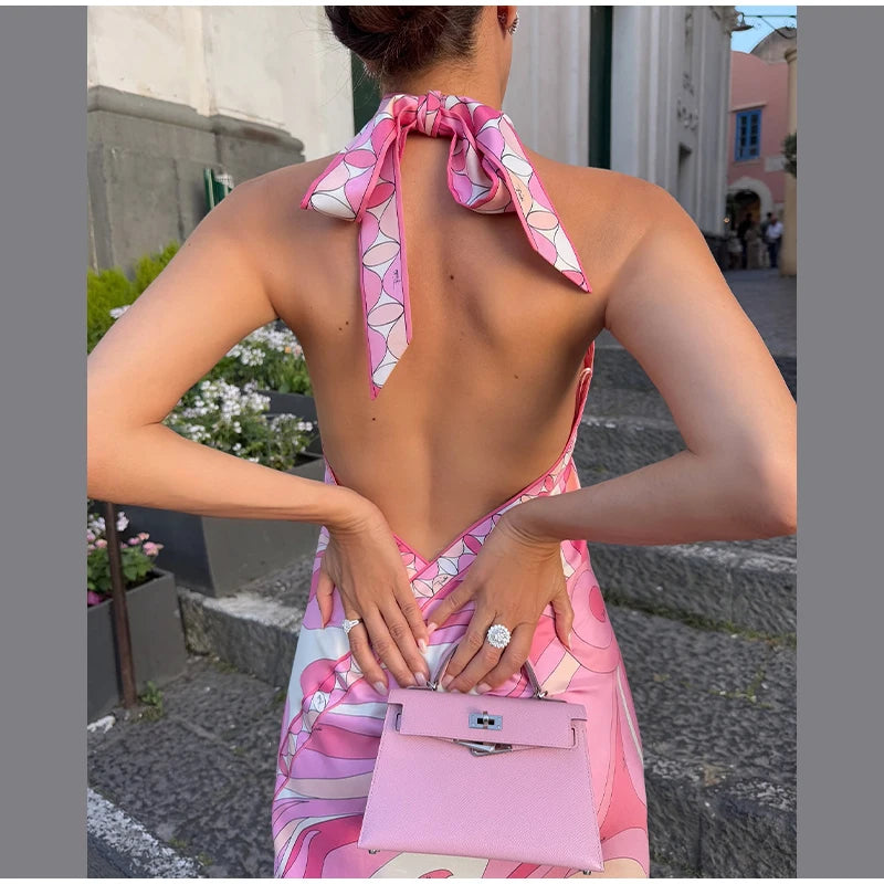 Fashion Halter Printed 3 Pieces Sets Women Lace Up Sleeveless Backless Tops Mini Shorts Asymmetric Skirts 2026 Summer Lady Suits