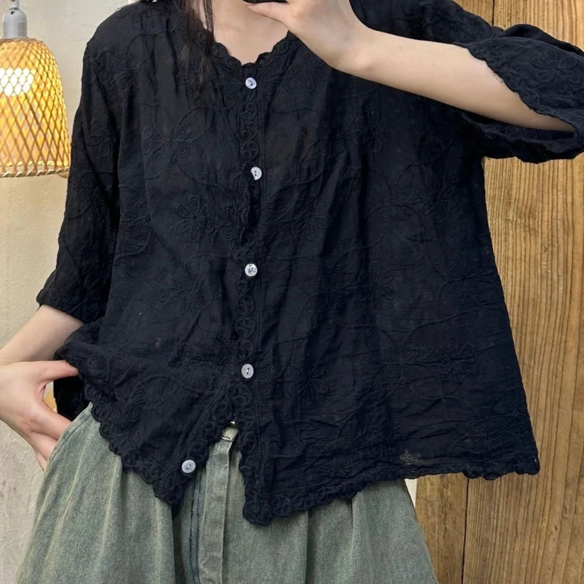 Summer Thin Casual Loose Lace Cotton Shirts Cardigan Women Long Sleeve Button Up Floral Embroidery Top Vintage Boho Style Blouse