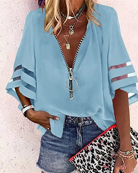 Summer Shirt Elegant Women Lace Patchwork Flared Sleeve Mesh White Blouse Women Zipper V-Neck Loose Casual Tops Streetwear Femal