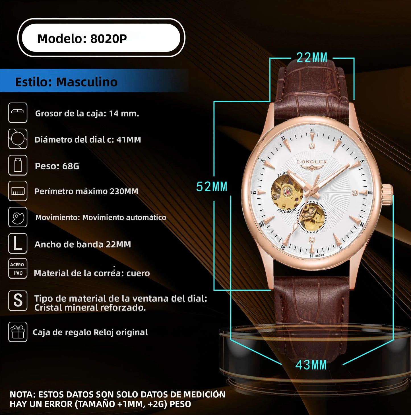 LONGLUX automatic watch elegant style wholesale mechanical wristwatches skeleton rome waterproof  mens watch men gift
