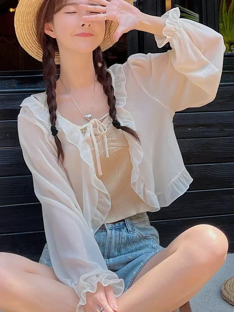 Summer Ruffled Shawl Solid Color Chiffon Women's Long Sleeve Thin Y2K Coat Cape Bolero Summer Wear Cloak Shrug  For Vacation