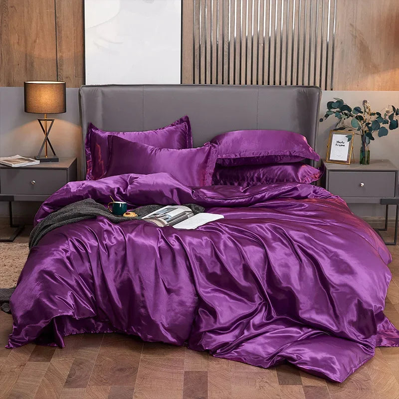 Solid Color Silk-like Bedding European and American Bed Sheet Quilt Cover Pillowcase