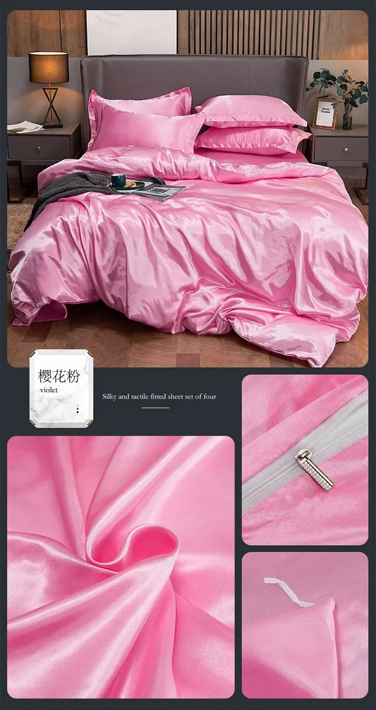 Solid Color Silk-like Bedding European and American Bed Sheet Quilt Cover Pillowcase