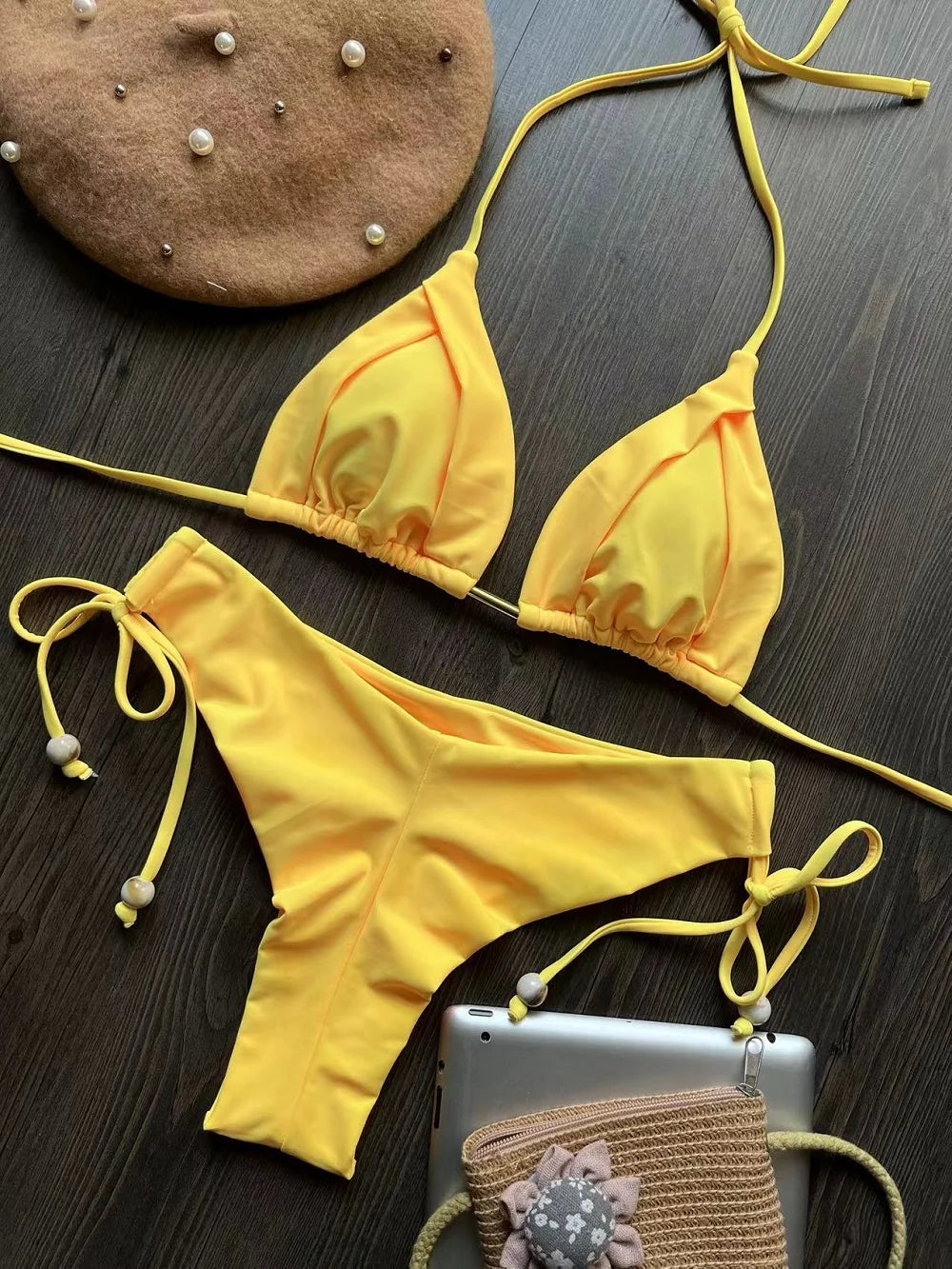 Solid color bikini set 2026 women's new swimsuit 2-piece set bead neck hanging bikinis summer beach Swimwear
