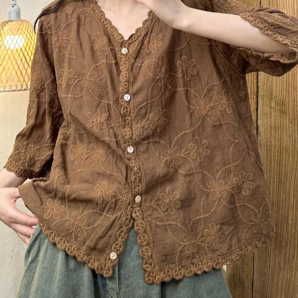 Summer Thin Casual Loose Lace Cotton Shirts Cardigan Women Long Sleeve Button Up Floral Embroidery Top Vintage Boho Style Blouse