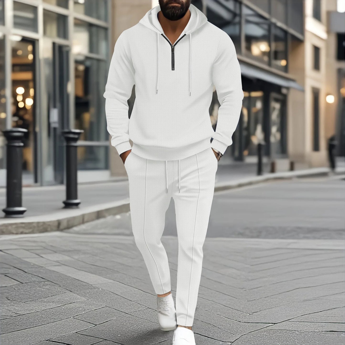 Teen Boys 2-Piece Set Waffle Knit Half-Zip Hoodie And Drawstring Pants Casual Comfortable Clothing