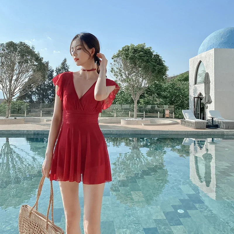2026 New Swimsuit One-piece Swim Suit Sexy V Neck Swimwear Hot Spring Beach Bathing Skirt Dress Women