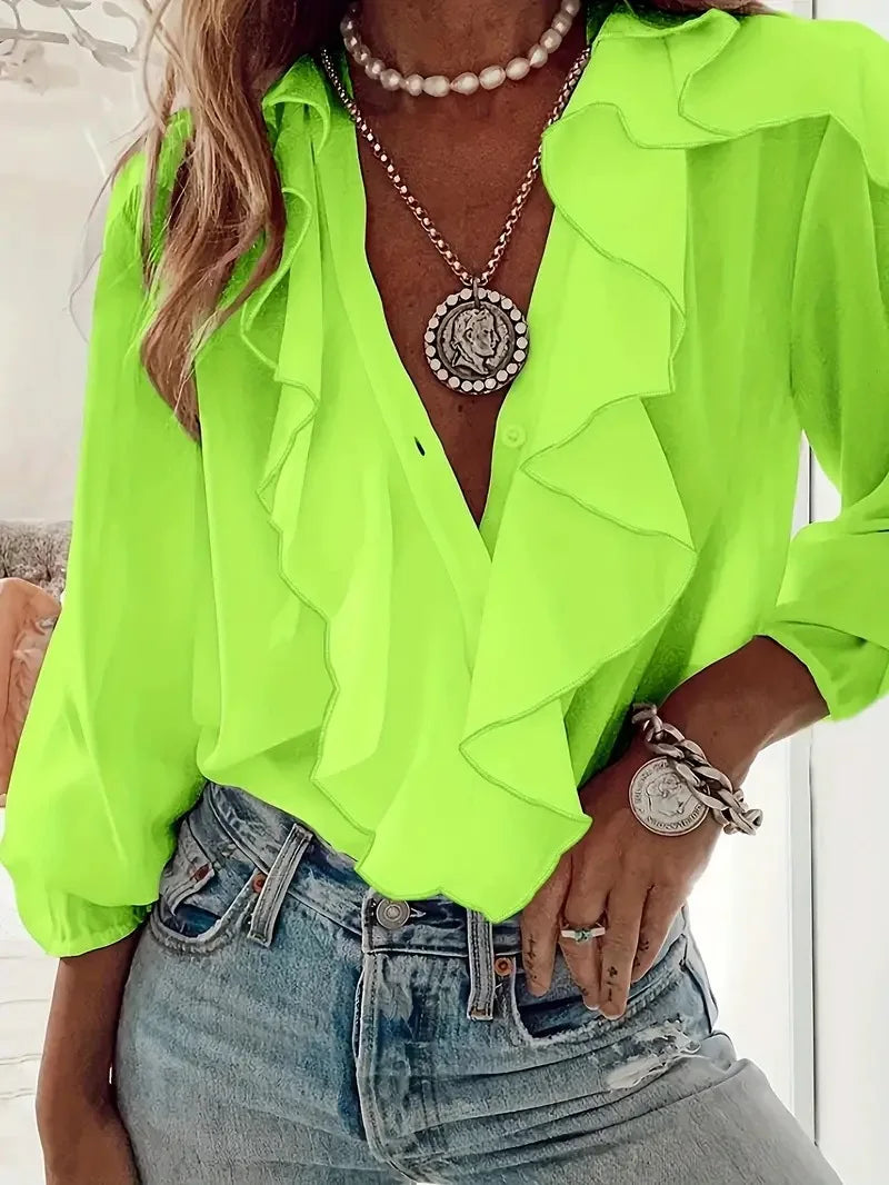 Fashion Ruffles V-neck Blouse Women 2024 Summer Casual Long Sleeve Solid Color Shirts Blouses Tops Femme
