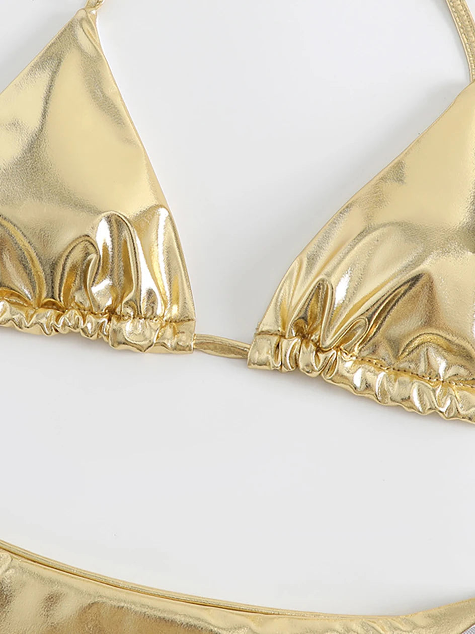 Sexy Metallic Halter Bikinis Sets Lace Up Triangle Tie Side Bikini 2024 Swimsuit Women Swimwear Brazilian Female Bathing Suits