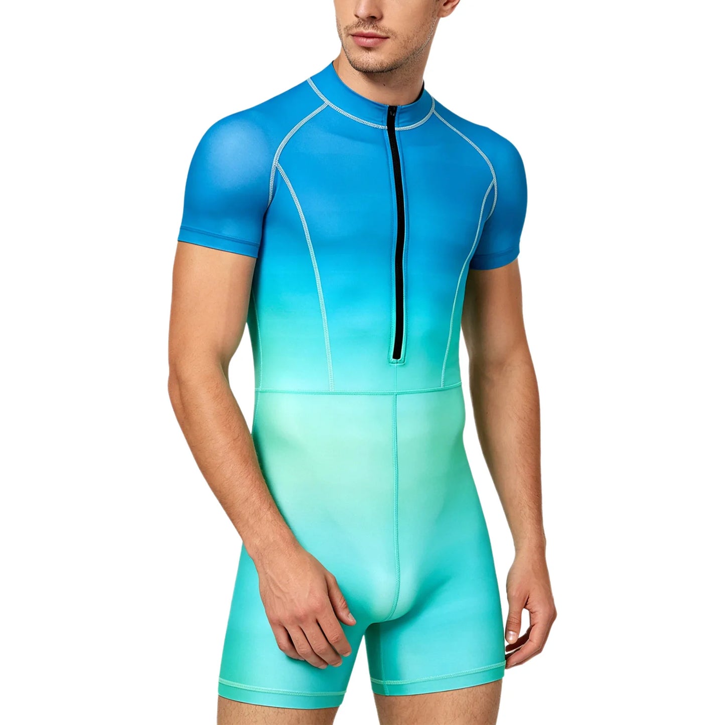 Men Gradient Bodysuit Rash Guard Swimwear Wetsuit Short Sleeve Zipper Bathing Suit Surfing Beach Pool Water Sports Wimsuit