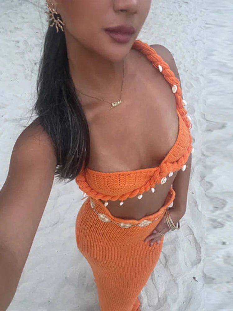 Knit Woven Bra Top Skirt Sets Women Twist Strap Sleeveless Backless Corset Long Skirts Suits Female 2 Pieces Seaside Vacation
