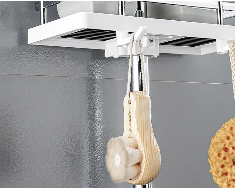 Bathroom Shower Storage Rack Organizer Pole Shelves Shampoo Tray Stand Single Tier No Drilling Lifting Rod Shower Head Holder