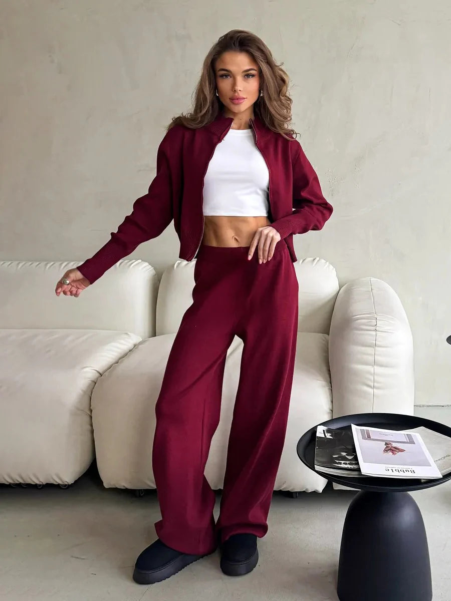 Bornladies Women's New Knit Zip Up Cardigan Wide Leg Pants Set Soft Fabric Cropped Elastic Waist Autumn Winter Fashion Sweater