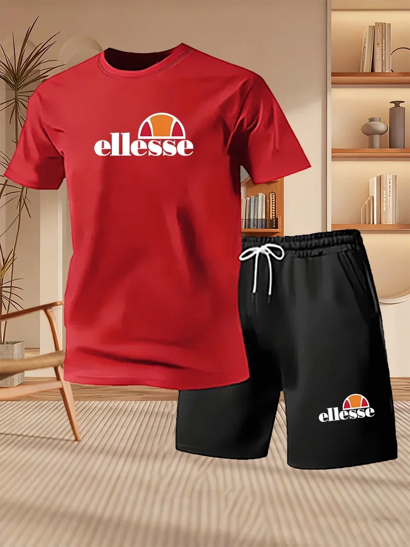 2026 Summer New Men's Fashion Outdoor Sports Set Printed Short Sleeve T-shirt+Shorts Loose Home Leisure Two Piece Set