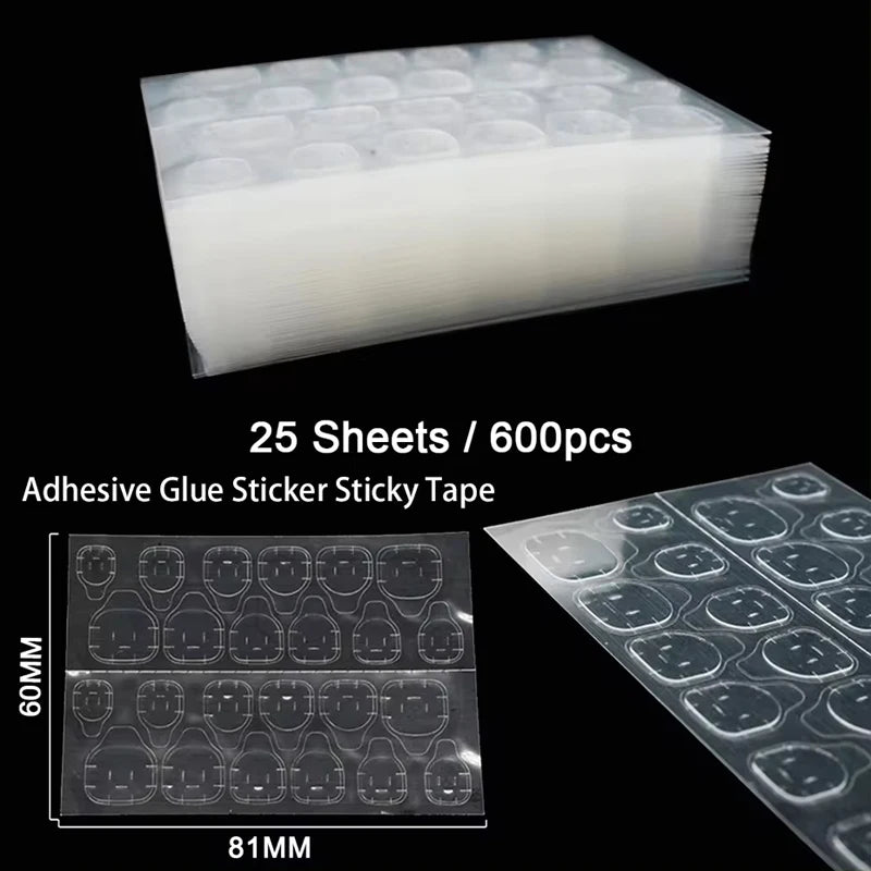 25 Sheets/600Pcs Double Side Glue Nail Sticker Adhesive Tabs Waterproof Breathable Fake Nail Glue Stickers Jelly False Nails Tips