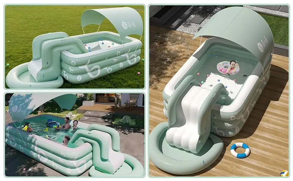 Inflatable Pool with Canopy and Slide,Large Inflatable Swimming Pool for Persons,Family Pool for Backyard, Outdoor