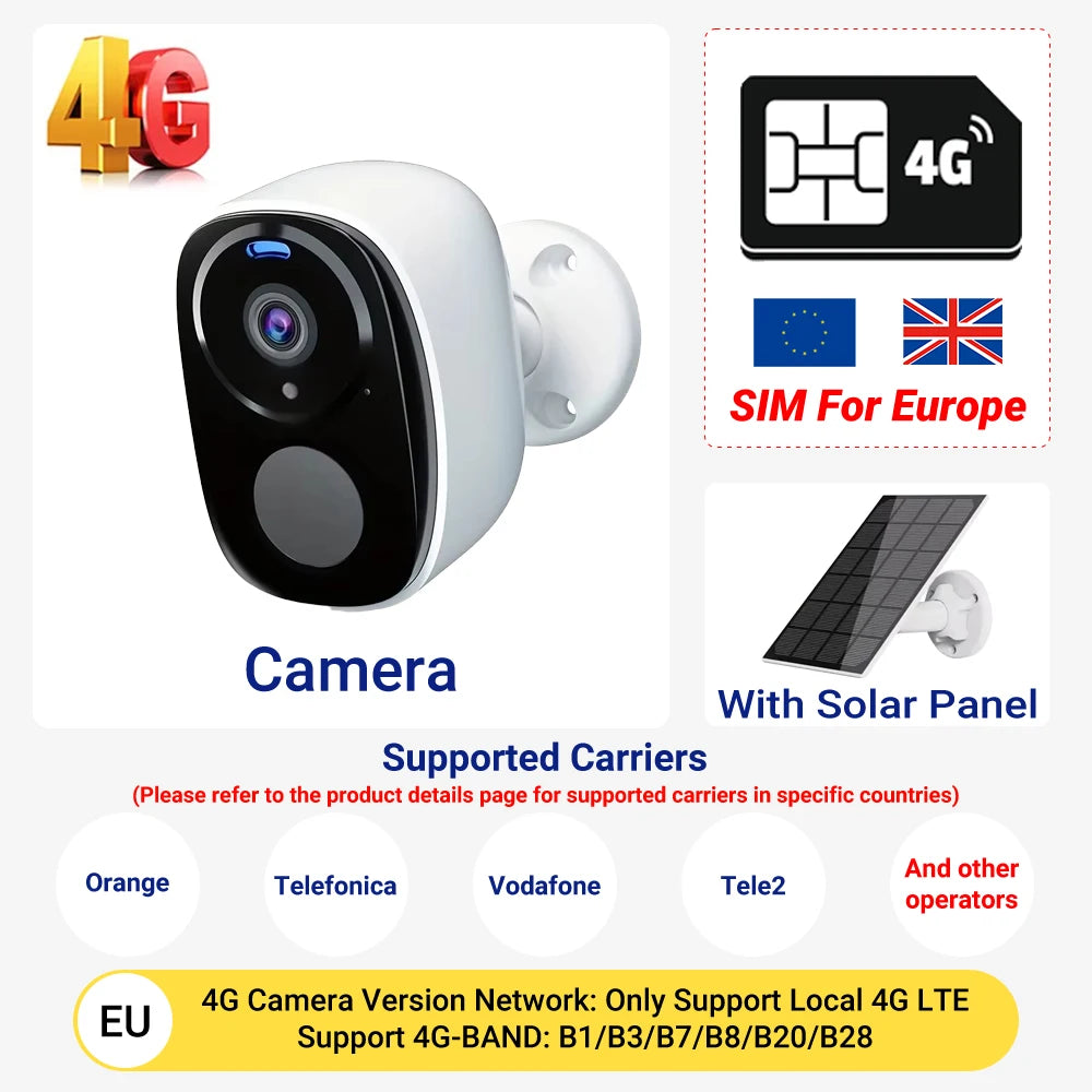4G Security Cameras Wireless Outdoor 2K Rechargeable Battery Camera Home Surveillance No WiFi Needed PIR IP65 Work With O-kam Pr