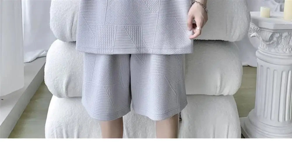 Casual Sportswear Set for Men Summer Short Sleeve Five-Quarter Pants Polyester Fiber Big Size Two-Piece Suit T-Shirt Shorts