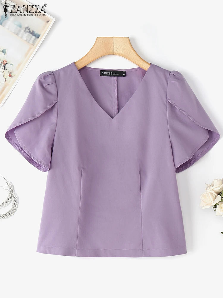 Summer Short Puff Sleeve Blouse ZANZEA Women Tunic Tops 2025 Fashion Solid Color Shirts Sexy V-Neck Casual Blusas Streetwear