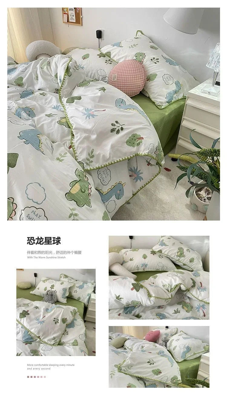 Bedding Set  Girls Cherry  Soft Washed Cotton Bed Sheet Queen King Size Duvet Set  Comforter Set Pillowcase Bed Linens