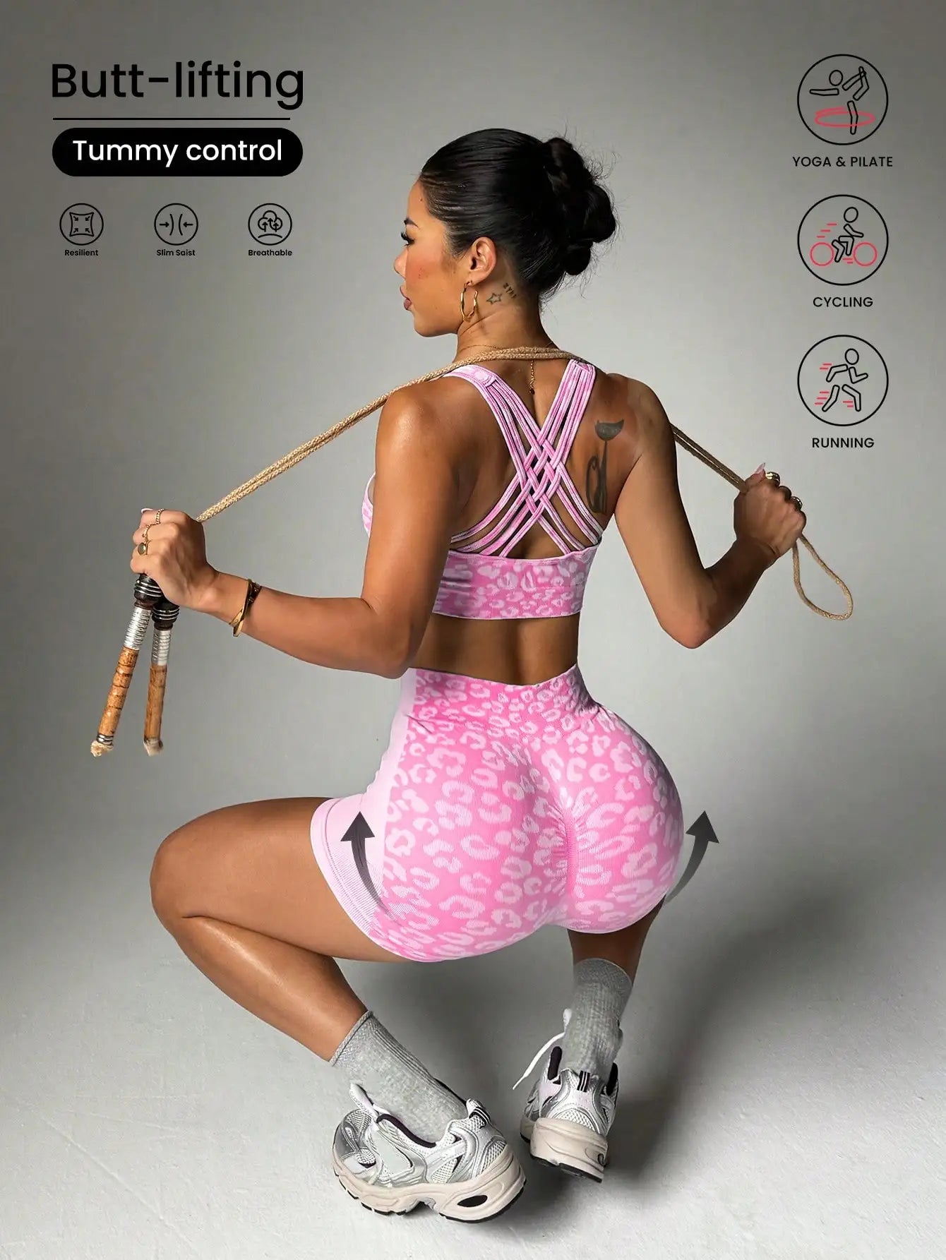 High waisted and belly hugging leopard print yoga set for women, lifting hips and tight fitting for external wear, running peach