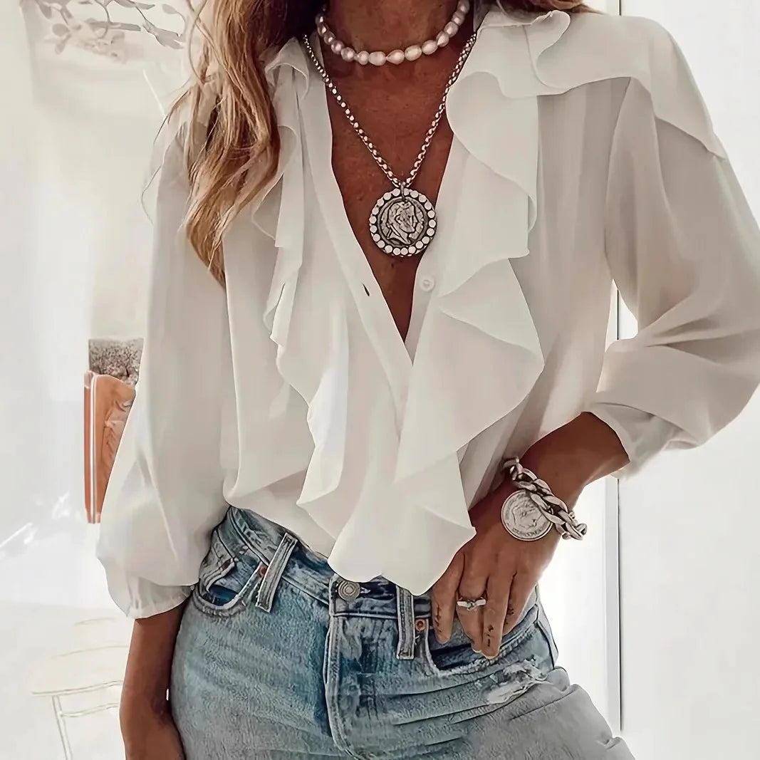 Fashion Ruffles V-neck Blouse Women 2024 Summer Casual Long Sleeve Solid Color Shirts Blouses Tops Femme