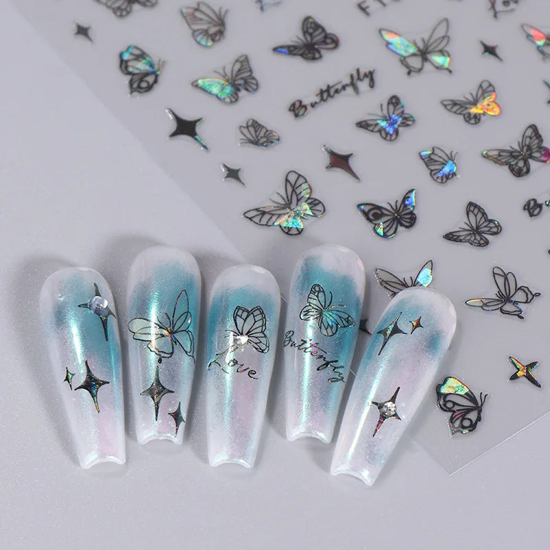 1PCS Black White Butterfly Laser Nail Stickers Y2K Nail Art Decoration Abstract Lines Bronzing Flowers Stickers For Nails