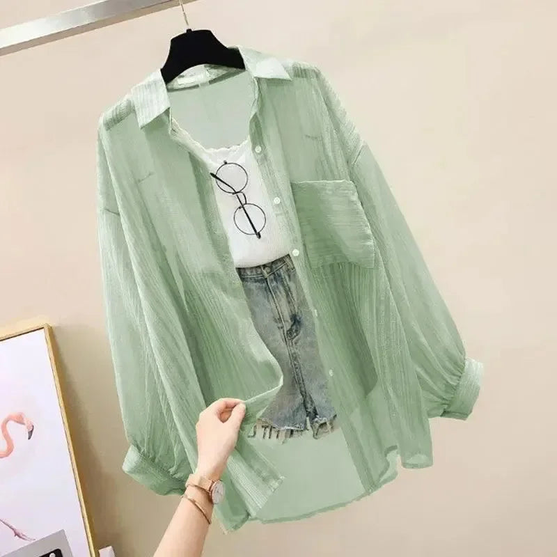 Summer Women's Elegant Chiffon Sunscreen Shirt Korean Harajuku Style See-Through Loose Blouse Thin Perspective Cardigan Yk2 Tops